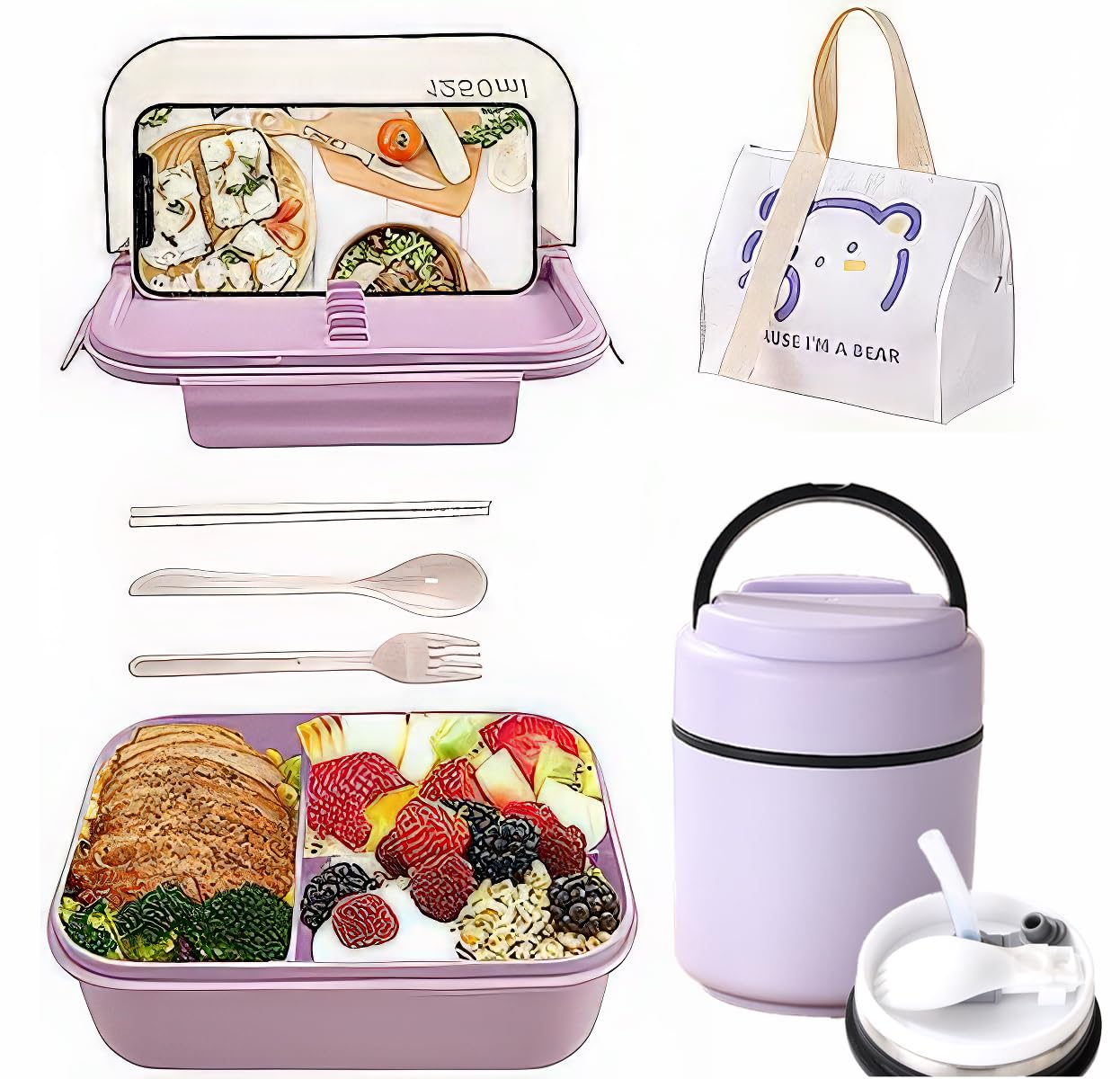 Pojemnik na żywność Bento pudełko na lunch na gorące i zimne jedzenie, 3 przegródki i termos do zupy, torba na lunch, łyżka, widelec, szczelny słoik na żywność, do biura, na piknik, do podróży na