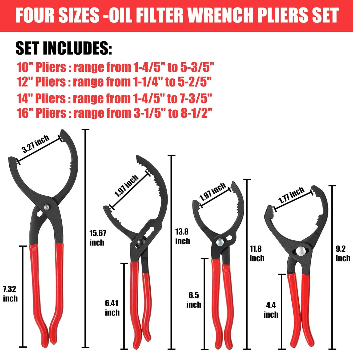 Lothee 4 Pieces Oil Filter Wrench Set, 10'' 12'' 14'' 16'' Oil Filter Pliers Adjustable Removal Tool Pliers for Cars, Trucks, Motorcycles Engine, Conduit, Fittings(Red)
