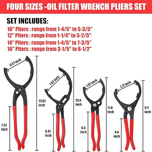 Miniatura 2 de Juego de 4 llaves de filtro de aceite, alicates de filtro de aceite de 10, 12, 14, 16 pulgadas, alicates ajustables para filtro de aceite, alicates