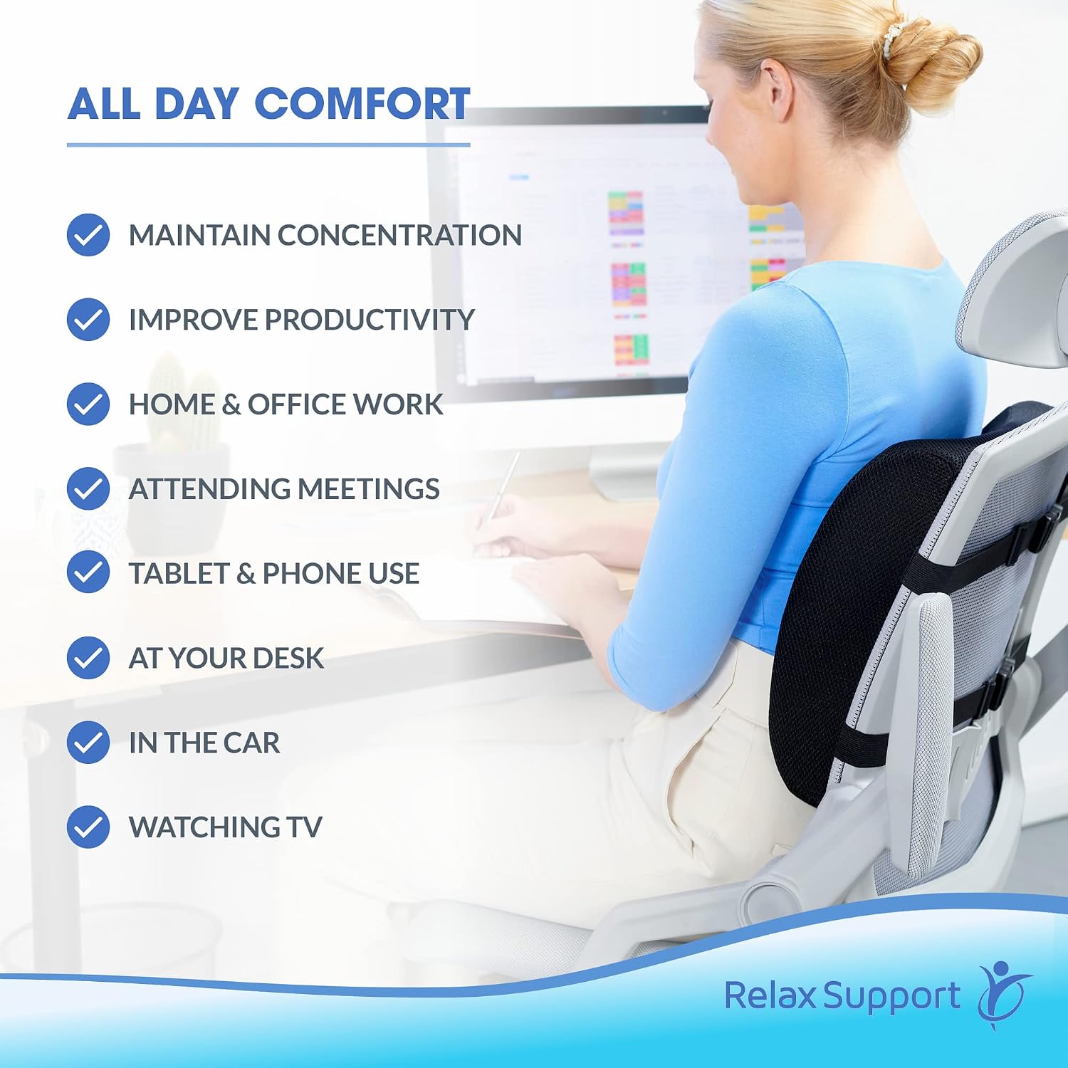 RELAX SUPPORT RS9 - Lumbar Support Pillow - Gaming & Office Desk Chair Accessory - Back Pain Relief - Car Cushion - Men Women Trucker Seat Tailbone Comfort Pad