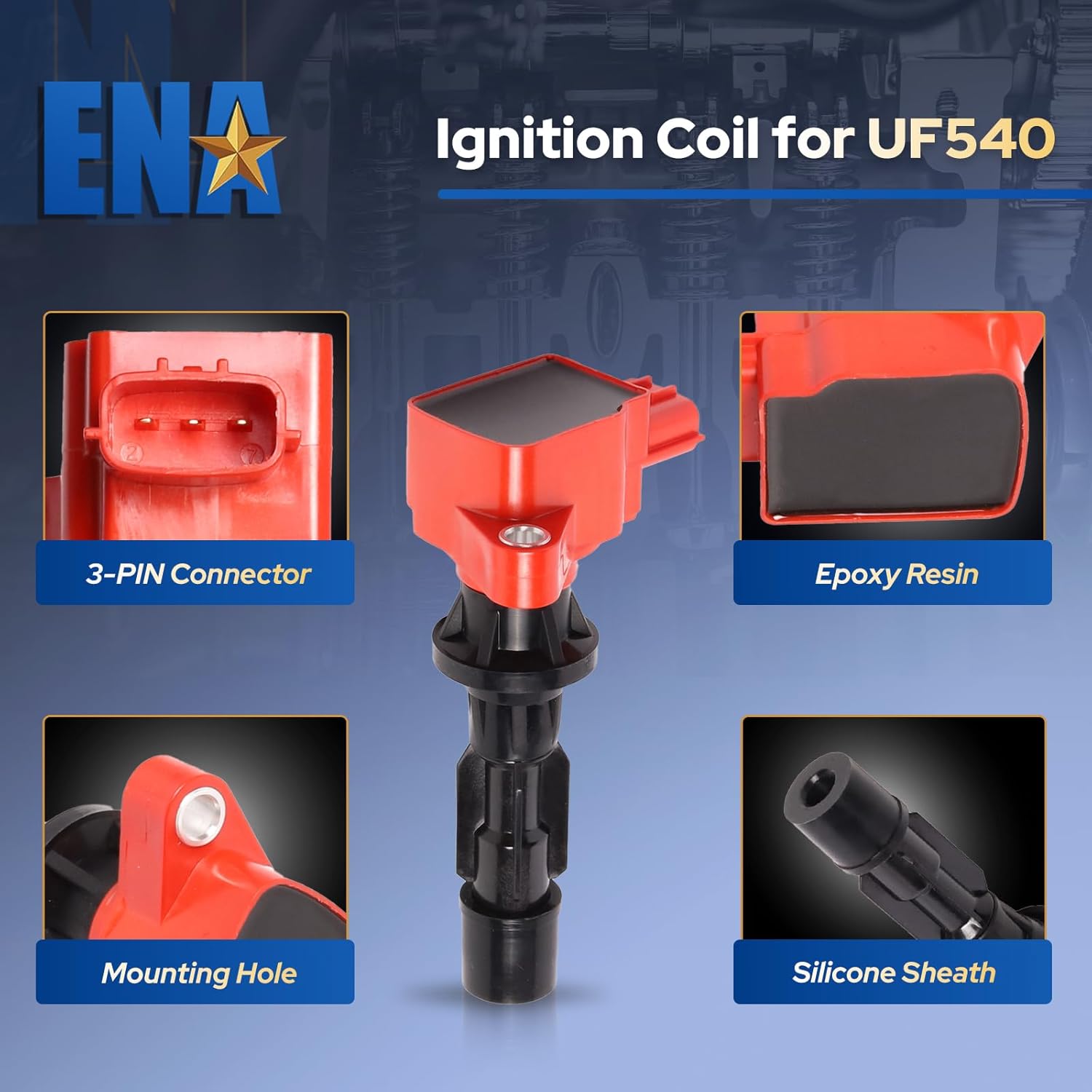 ENA Set of 4 Red Ignition Coil Pack 2.0L 2.3L L4 Compatible with Mazda 3 6 CX-7 MX-5 Miata CX7 MX5 2006 2007 2008 2009 2010 2011 2012 2013 2014 2015 Coils for UF540 L3G218100A C1683