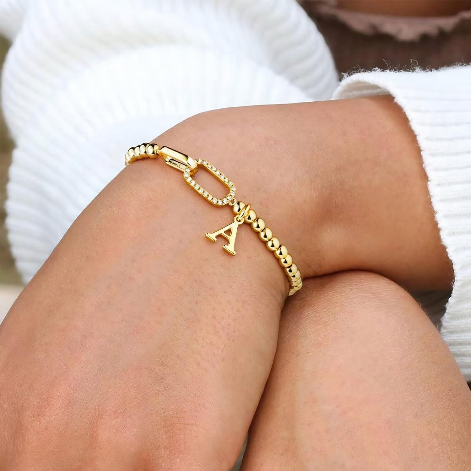 M MOOHAM Gold Initial Bracelets for Women - 14K Gold Plated Cubic Zirconia Interlock Circles Letter A-Z Initial Bracelet, Stretch Beaded Bracelets for Women Jewelry Birthday Gifts