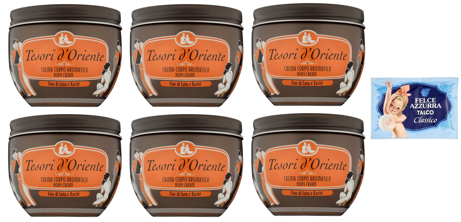 6er-Pack Tesori d’Oriente Crema Corpo Fior di Loto e Karitè,Körpercreme Lotusblume und Shea,300ml + 1er-Pack Kostenlos Felce Azzurra Talkumpuder, 100g-Beutel