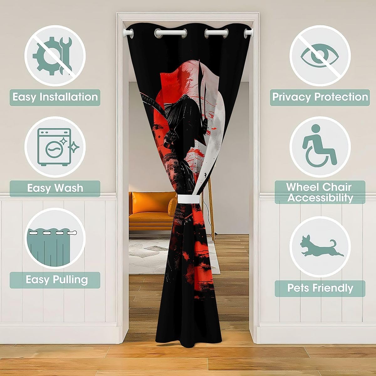 jejeloiu Japanese Samurai Door Curtain for Doorway Privacy Ukiyoe Closet Cover Red Sun Hokusai Pattern Room Divider Curtain 52" x 80" Bedroom Living Room Window Treatments