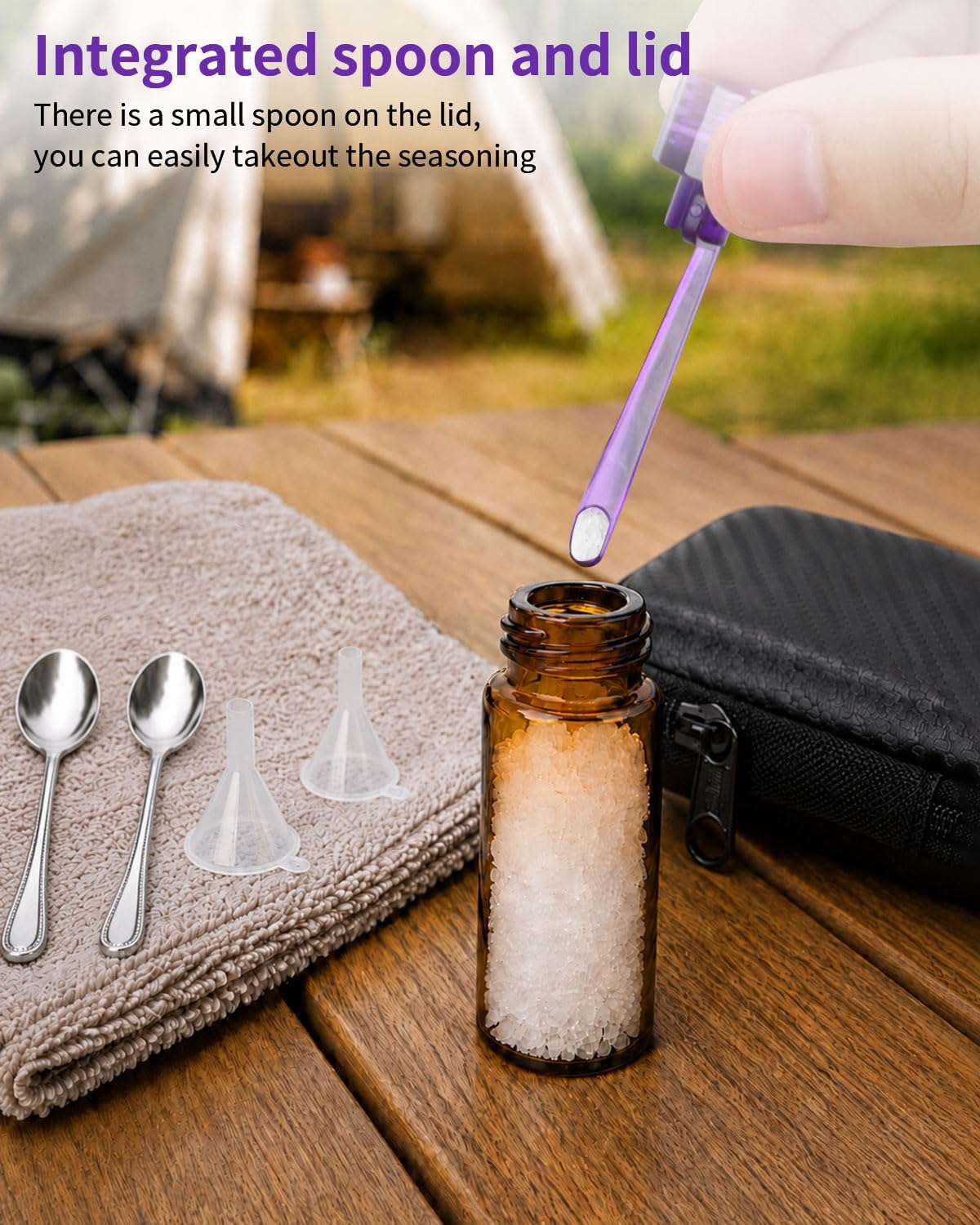 2OZ Mini Travel Spice Container with Spoon, 6 Pack Glass Camping Seasoning Containers Set with Leakproof Lids, Pocket Case, Funnels & Cleaning Brushes for Van Life, Air Travel(Liquids and Powders)