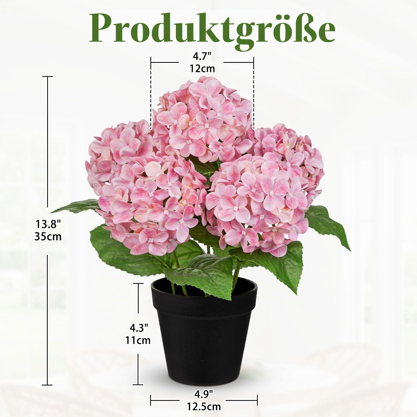 Briful Künstliche Hortensien im Topf 35 cm – Real Touch Kunstblume Wie Echt mit 5 Blütenköpfen – Dekorative Kunstpflanze für Wohnzimmer, Fensterbank & Büro, Rosa