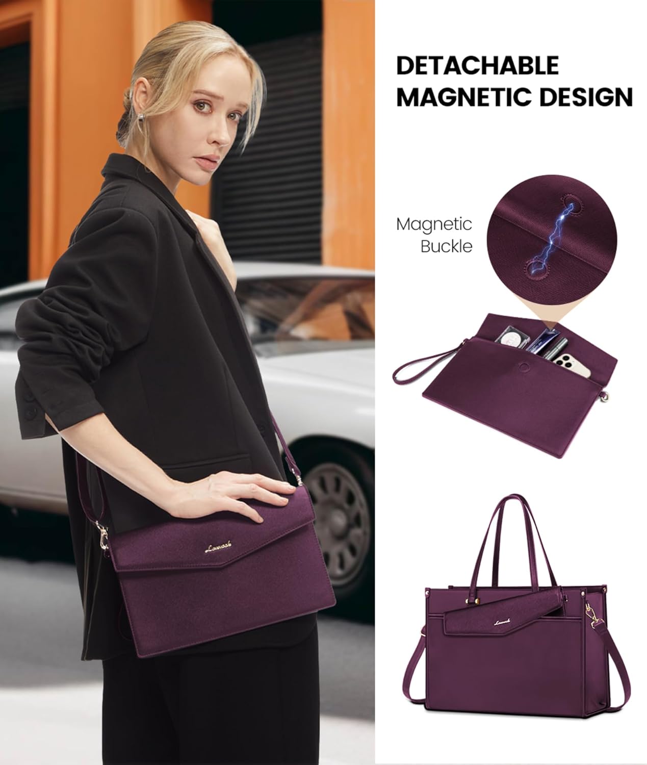 LOVEVOOK Laptop Bag for Women, 15.6'' Laptop Tote Purse 2-in-1 Professional Work Bag Business Briefcase with Clutch Purse, Waterproof Leather Computer Handbag for Teacher Office Travel - Image 5