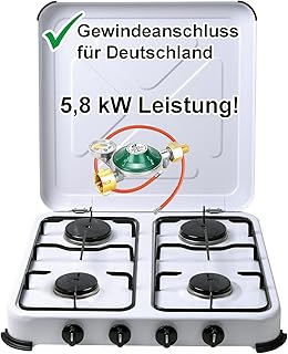 Bluecraft Campingkocher 4 flammig Gaskocher mit 5,8 kW Leistung für Gasflaschen Vierfach Gasherd mit Zubehör Manometer Gasregler 50 mbar Gasschlauch für Camping Outdoor Freizeit