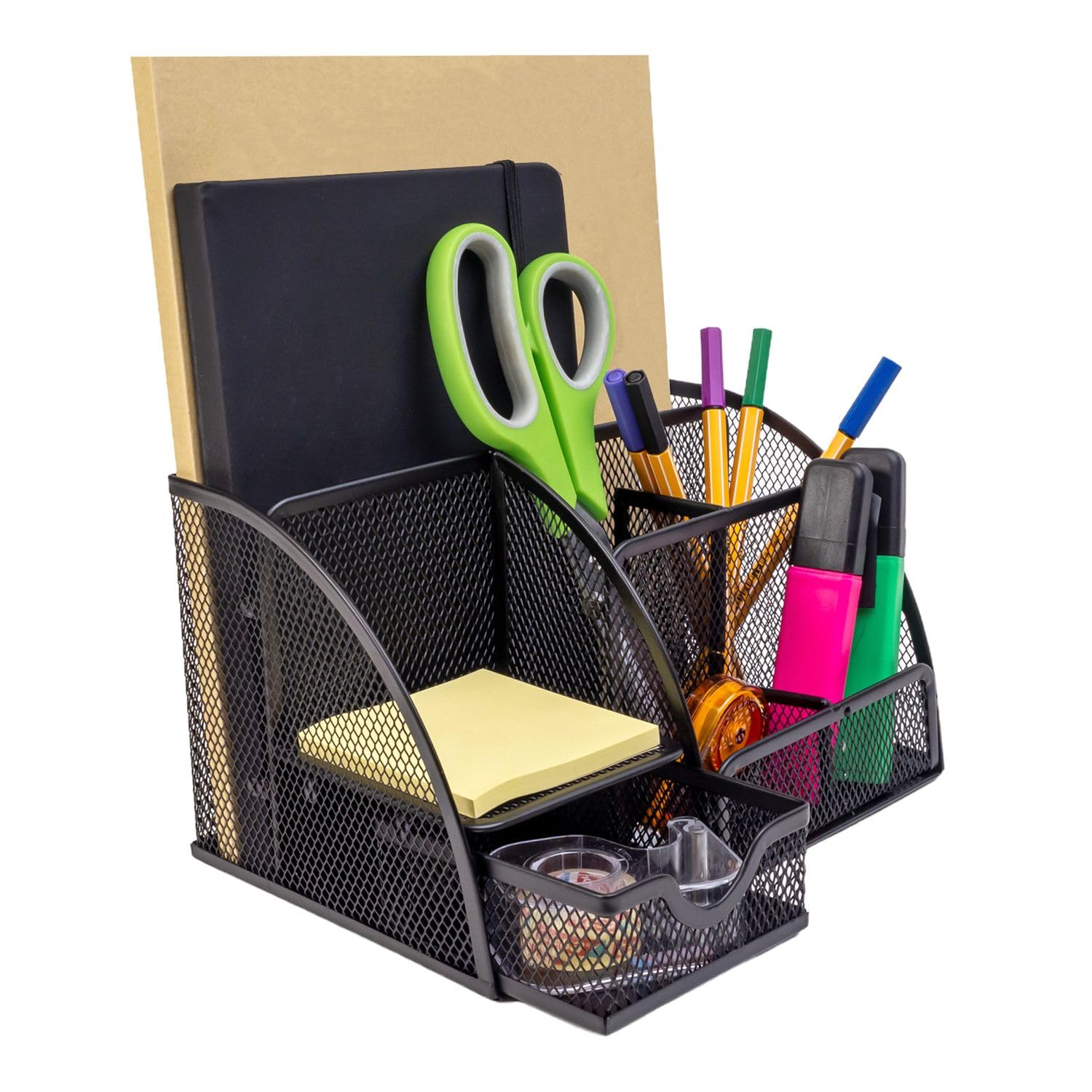 Organiseur de bureau en maille de fer noire avec porte-stylos et rangement