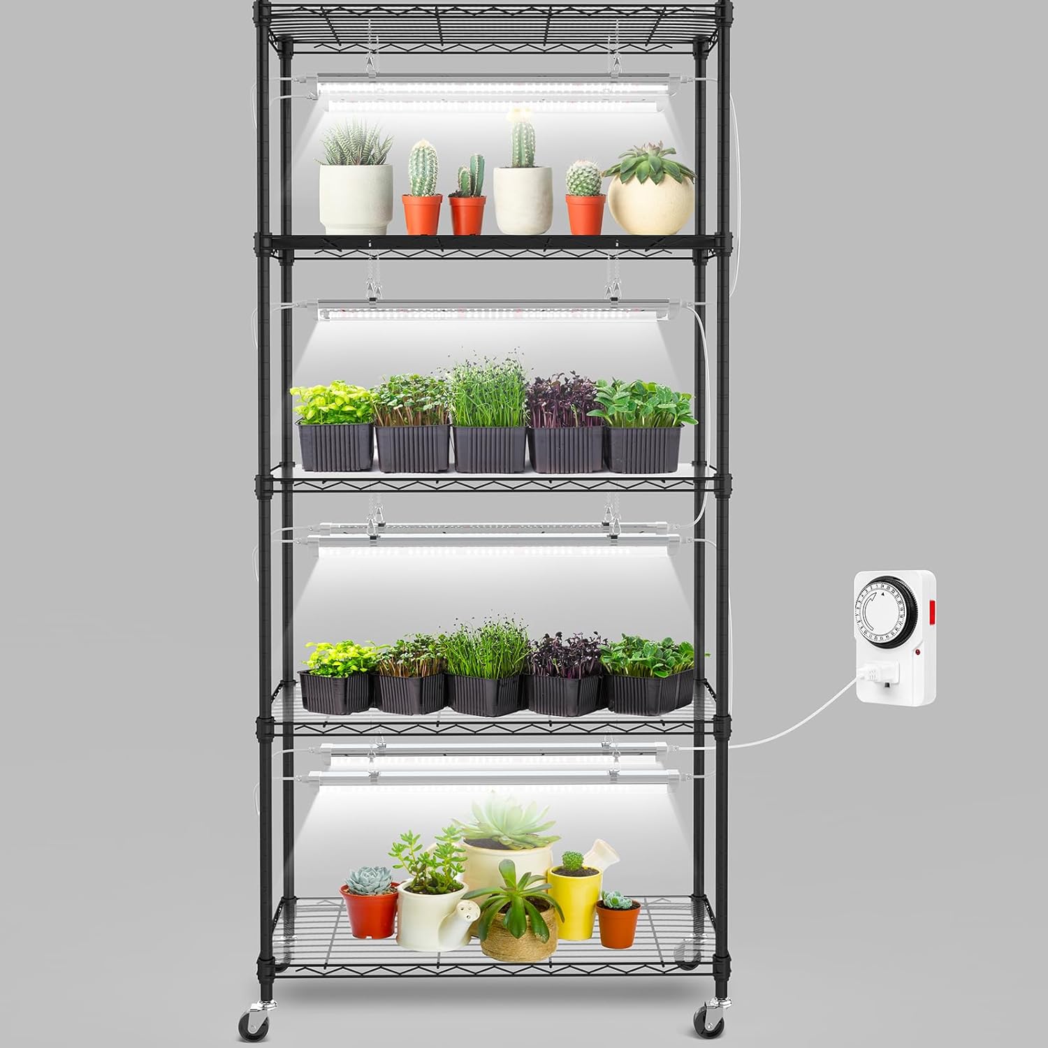 SOLIGT 5-Tier Plant Shelf with 8 Full Spectrum 6000K T8 LED Grow Lights, Timer & Wheels - Indoor Seed Starting Rack