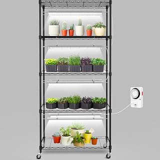 SOLIGT 5-Tier Plant Shelf with 8 Full Spectrum 6000K T8 LED Grow Lights, Timer & Wheels - Indoor Seed Starting Rack