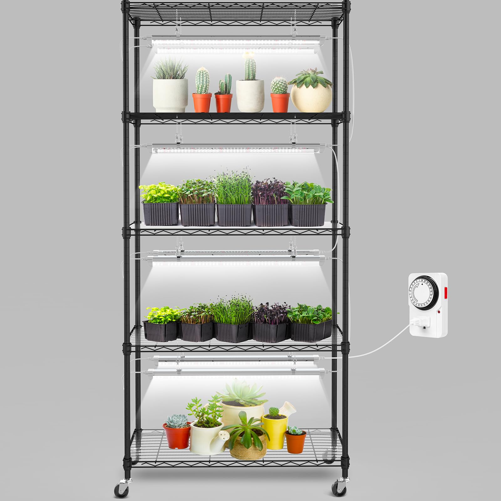 SOLIGT Plant Shelf with Grow Lights, 5 Tier Grow Light Stand Rack with 8 Pack 2FT 6000K T8 Full Spectrum Led Grow Lights for Indoor Plants, Seed Starting, Seedling Growing, Timer Included