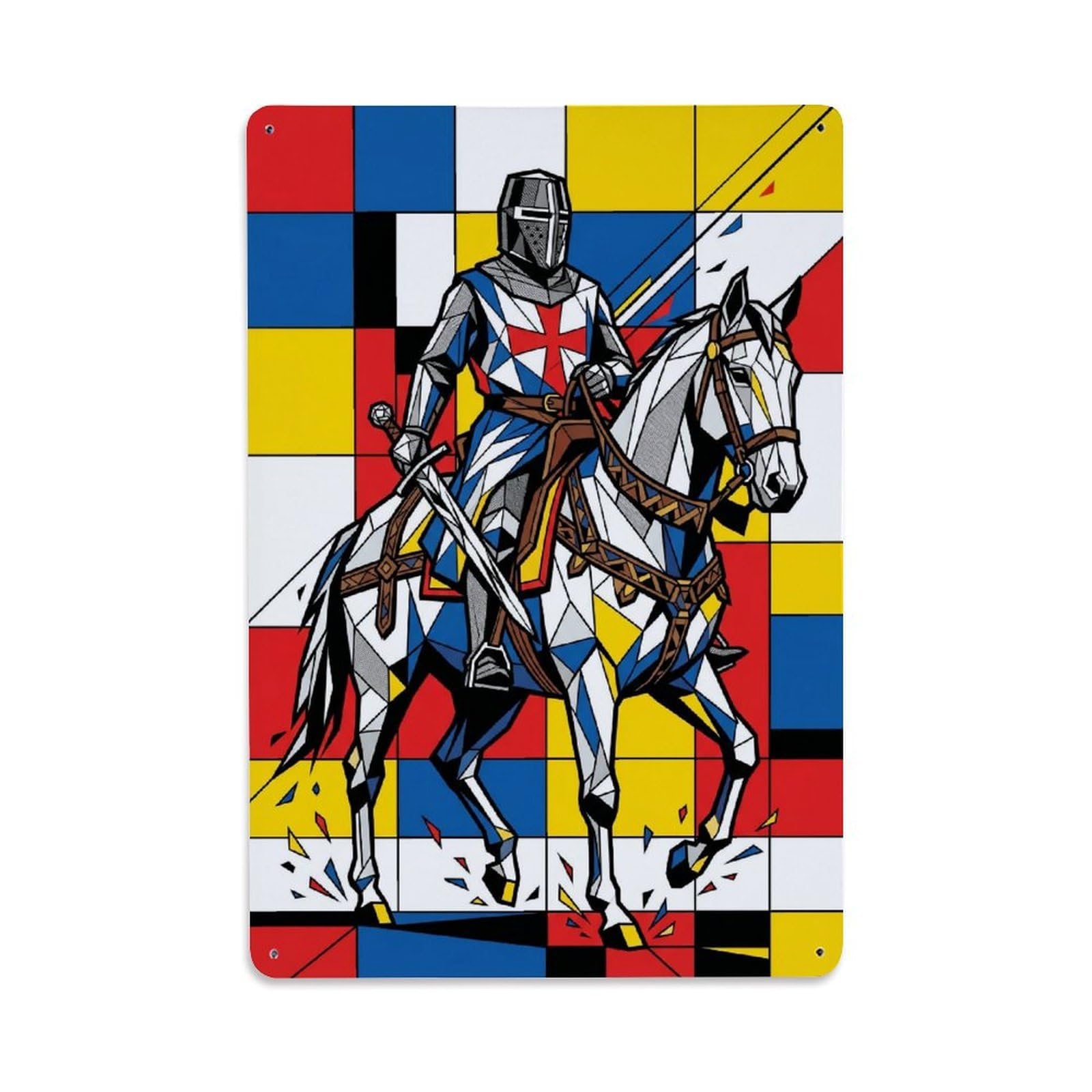 Olhnbad Style Mounted Charge Templar Knight Medieval Armour Geometric Metal Tin Sign
