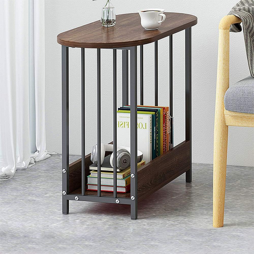 Small Oval Side Table with Metal Frame for Small Spaces, Narrow End Sofa for Living Room, Bedroom, Modern Thin Coffee Table with Storage, Dark Walnut