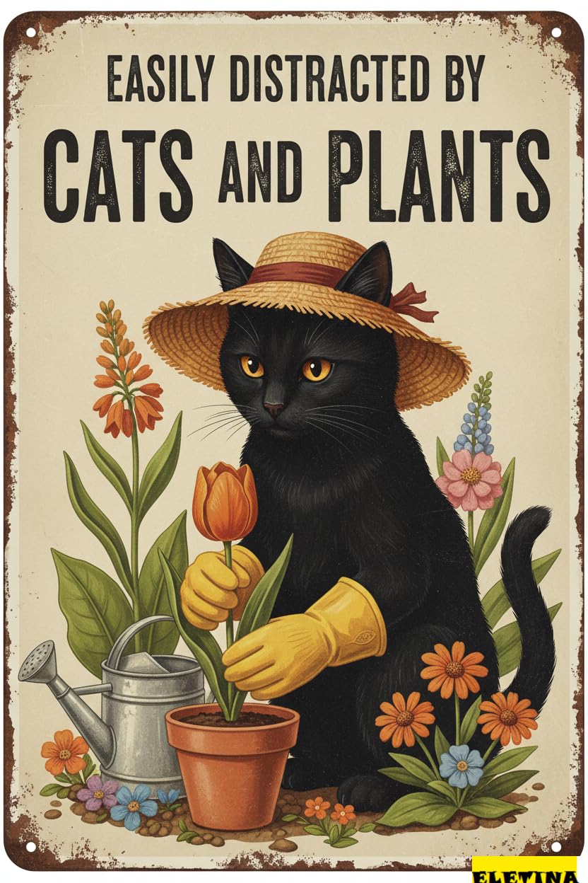Vintage Metal Tin Sign for Man Cave Garden Cat Outside Easily Distracted By Cats And Plants Funny Wall Art Home Farmhouse Kitchen Outdoor Gift 8x12inch Private Property Decorative