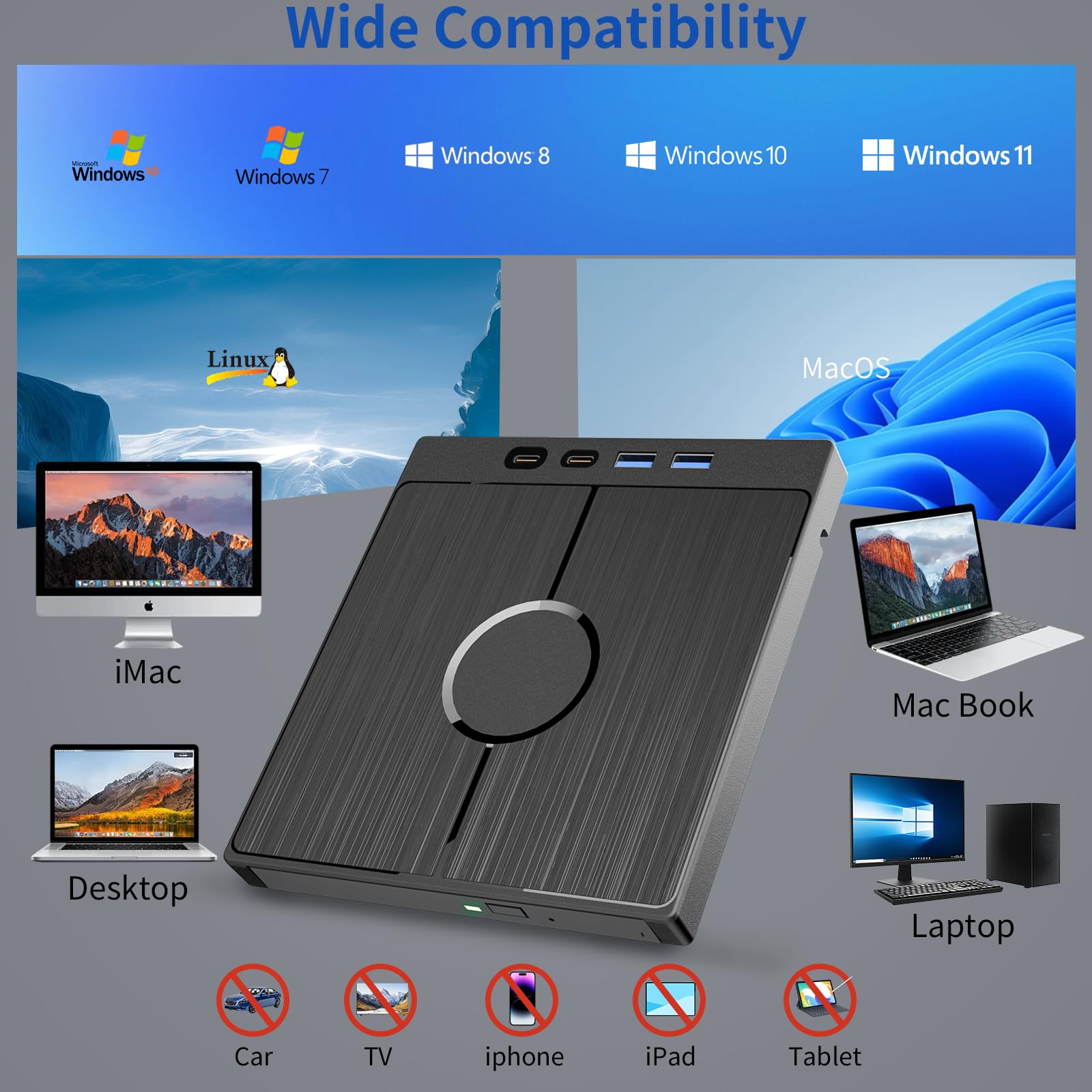 Unidad Blu Ray externa 7 en 1, Blueray/DVD portátil para PC con puertos de tarjeta USB 3.0/Type-C/SD/TF, compatible con disco de 100 G USB Blu Ray Drive externo, Blu Ray Burner para Windows 7