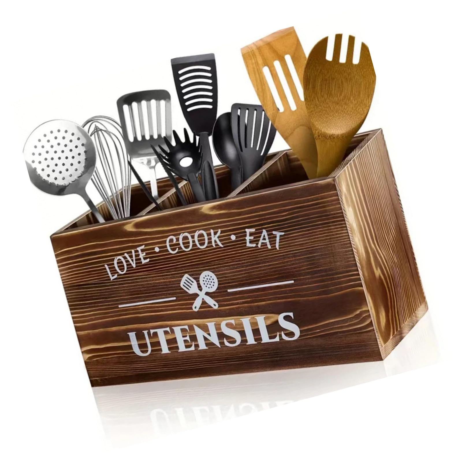 Shurhome Spacious 4 Compartment Wooden Kitchen Organizers for Storing Spoons Forks and Napkins Rustics Wooden Utensils Holder with Compartments