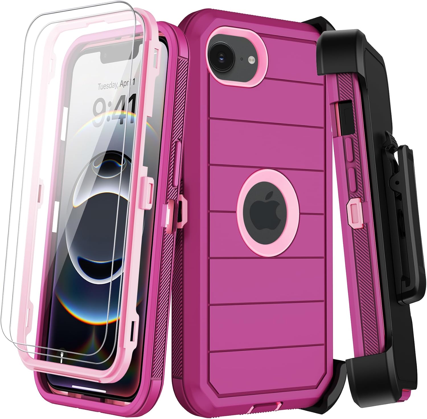 for iPhone 16e Case with Belt Clip Holster,Screen Protector X2,Heavy Duty Shockproof Drop Protection Military Grade 3 Layers Full Covered Rugged Durable Phone Cover for Apple 16e (Burgundy)