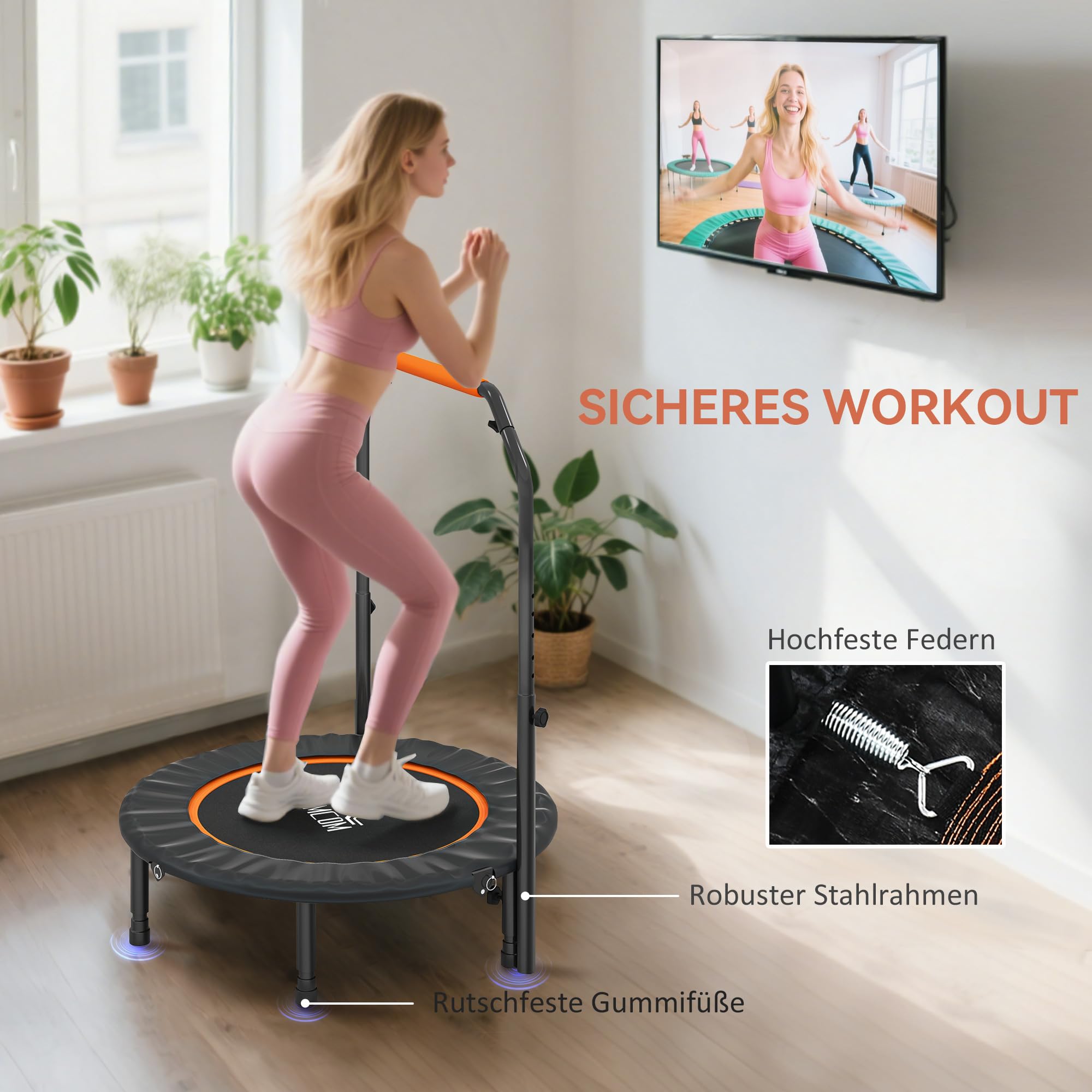 HOMCOM 102 cm Fitness-Trampolin, Faltbares Mini-Trampolin mit vierfach höhenverstellbarem Haltegriff, Fitness-Rebounder für Erwachsene, bis 150 kg