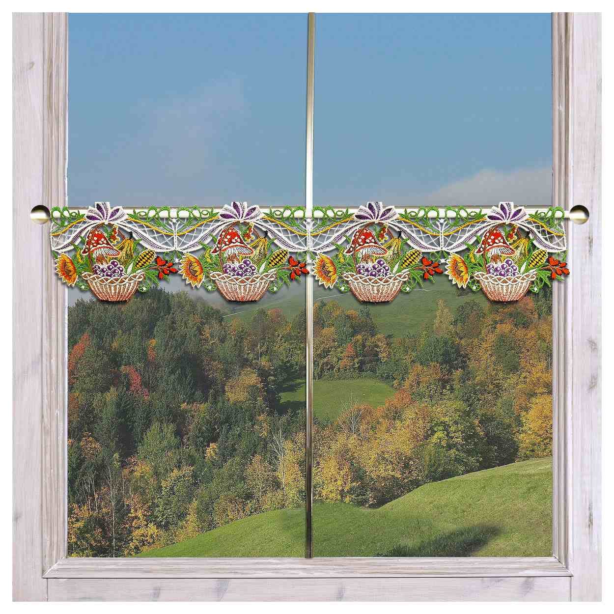 Feenhaus-Spitzengardine Herbst-Körbchen mit Früchten Echter Plauener Spitze Scheibengardine 15 cm hoch