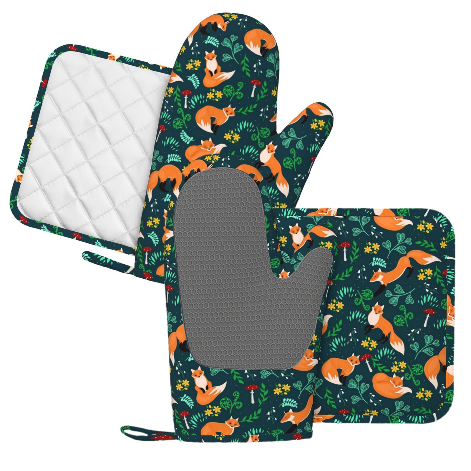 Lot de 4 maniques et maniques tendance en forme de renard - Résistantes à la chaleur - Motif floral vert - Pour cuisine, pâtisserie, grillades, barbecue