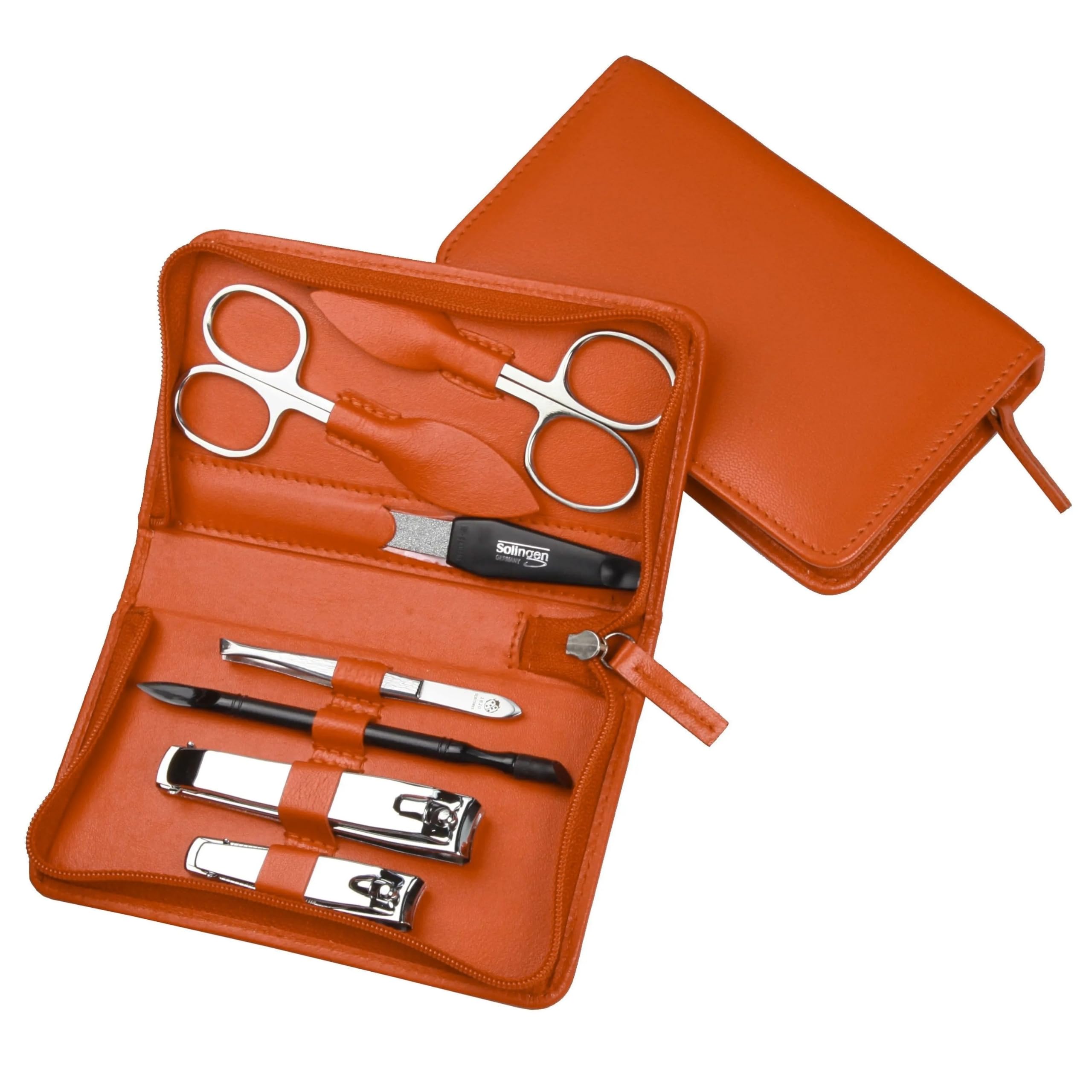 Hans Kniebes Maniküre Set 7-teilig Orange – Profi Nagelpflege & Pediküre Set für Damen & Herren – Edelstahl Nagelschere, Nagelknipser & Pinzette – Echtes Nappa Leder Etui – Reise Manikürset