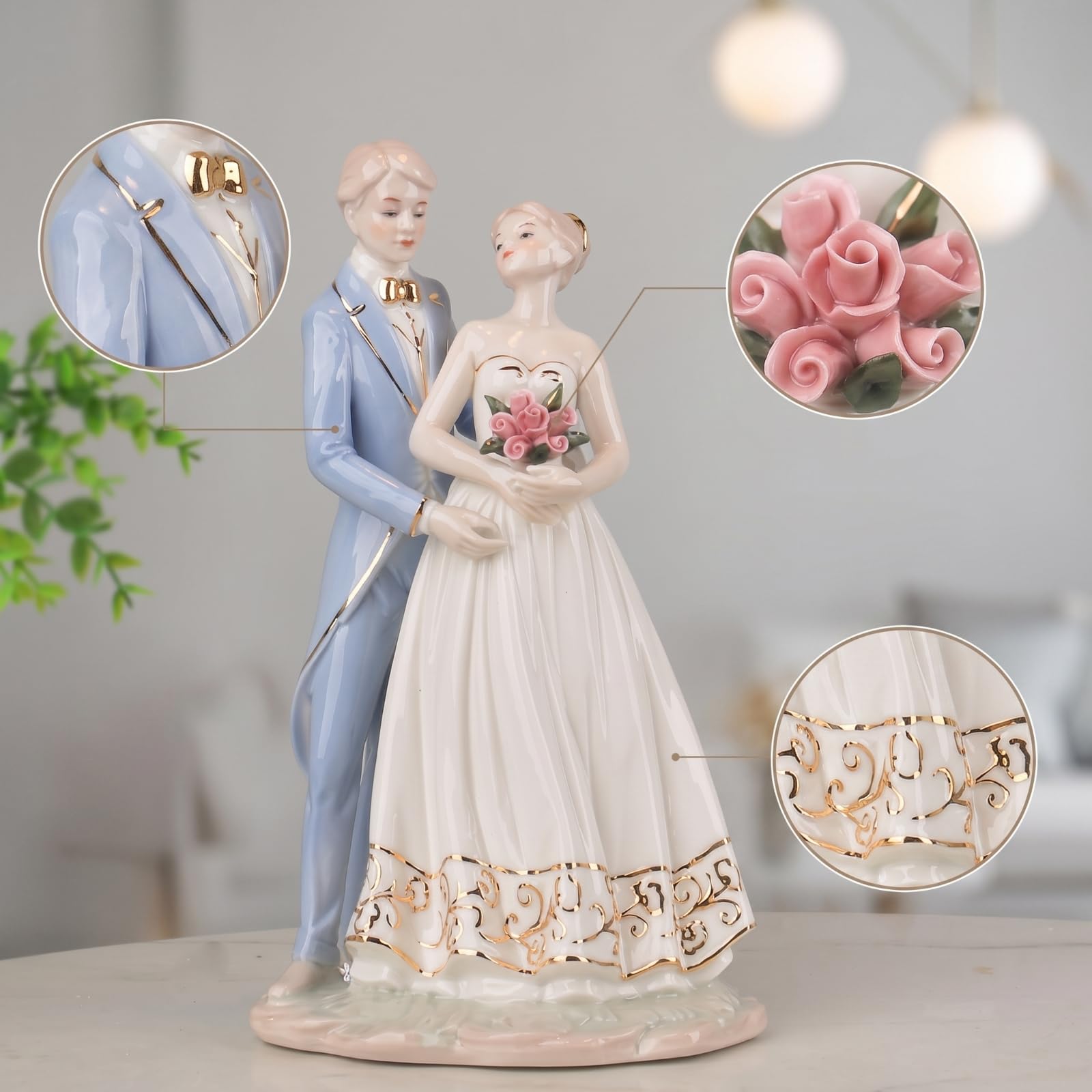 F Fityle Figura Nupcial de Cerámica Escultura Pareja en Base Decorativa Estatua Adorno Hogar Cerámica Cocida a Alta Temperatura con Acabado Vidriado Adecuada