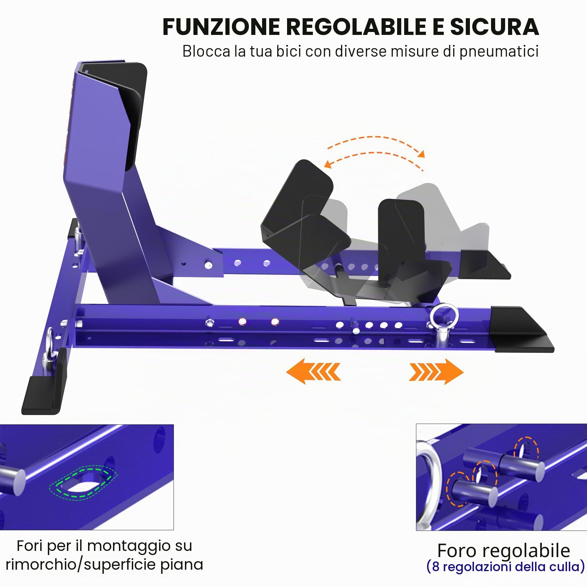 GRAND PITSTOP Cuneo universale per Crusier, moto sportive e da cross, supporto per moto resistente per rimorchio, completamente regolabile, staccabile, pieghevole (dimensioni pneumatici da 33 a 66 cm)