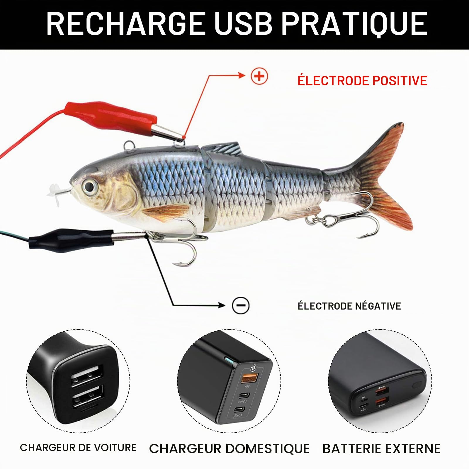 Appât de Pêche Électrique Multi-articulé de 13 cm avec Lumière LED Verte pour Brochet - Appât de Natation Électrique - Rechargeable USB - Blanc - 1 Pièce