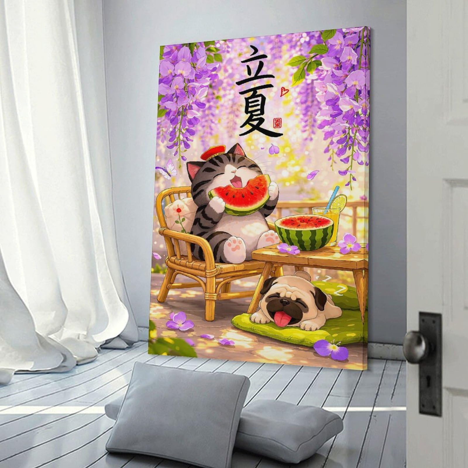 Junmoney Cute Cat And Pug Enjoying Summer Home Decor Wall Art, 24x36inch(60x90cm), for New Homes, Bedrooms Or Workspaces, Gift Idea for Housewarming And Birthdays