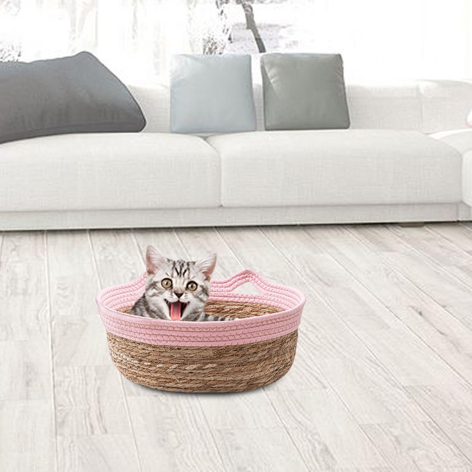 perfk Panier de Lit pour Chat Tissé à La Main, Tapis à Gratter pour Chat, Tapis D'été Rafraîchissant pour Chien, Panier à Chaton Durable, Paniers à Gratter, Rose M