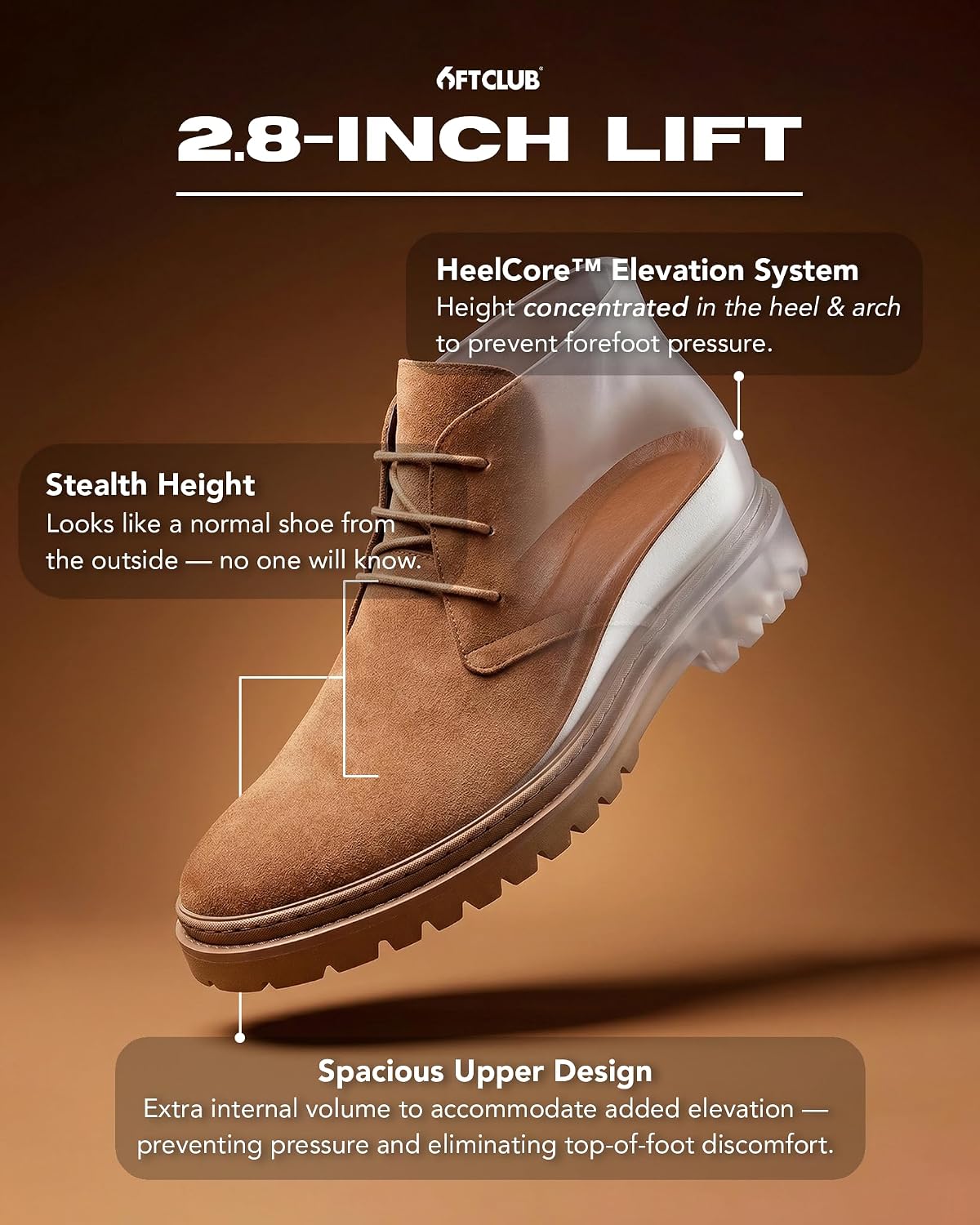 6FT CLUB Montaro Dune Height Increase Chukka Boots for Men – 2.8 Inch (7cm) Elevator Lace-Up Boots, Premium Suede Upper, Hidden Heel Lift, Casual Smart Dress Boots
