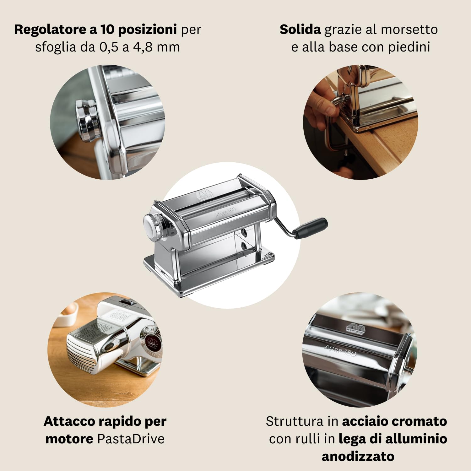 Marcato Macchina per la Pasta, Atlas 150, Pasta Maker, Tirapasta, Sfoglia, 10 diversi Spessori, Acciaio Cromato, Compatibile con 12 Accessori per Formati Extra, AT-150-ROL