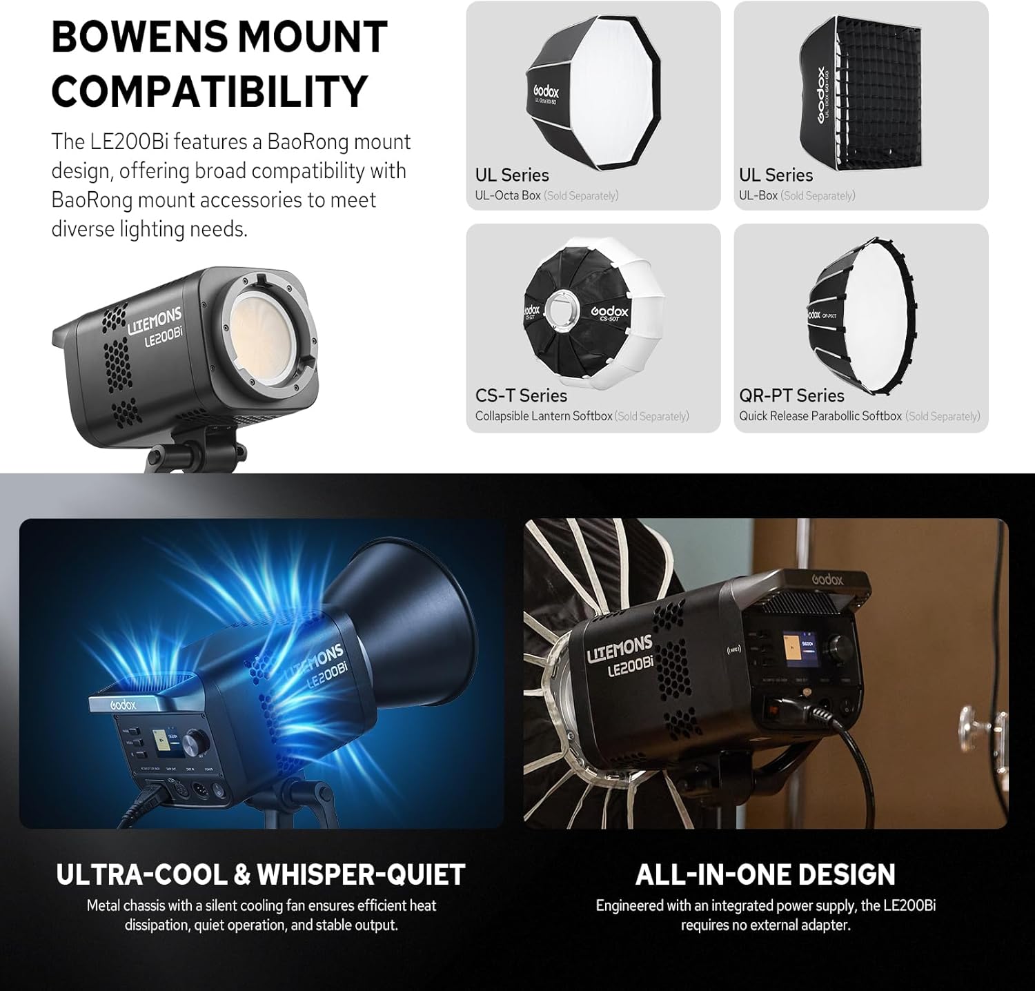 Godox Litemons LE200Bi 220W Bi-Color LED Video Light, 57700Lux@1M with APP Control, CRI/TLCI 98+ Studio Light with 11 FX Effects, 0-100% Brightness Bowens Mount LED(Black)