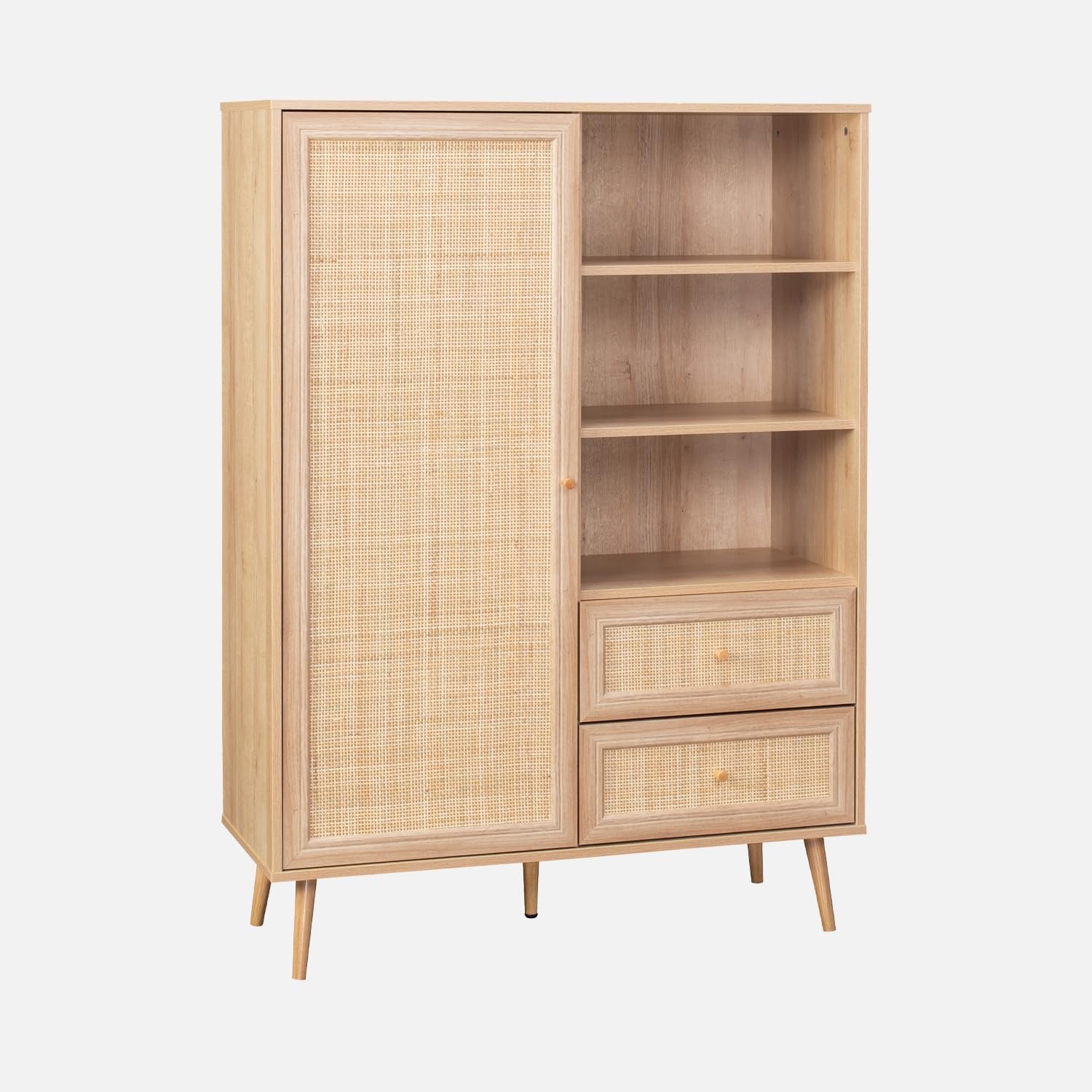 sweeek - Buffet de Rangement cannage et décor Bois. Buffet Haut. vaisselier. 1 Porte. 2 tiroirs. 6 étagères