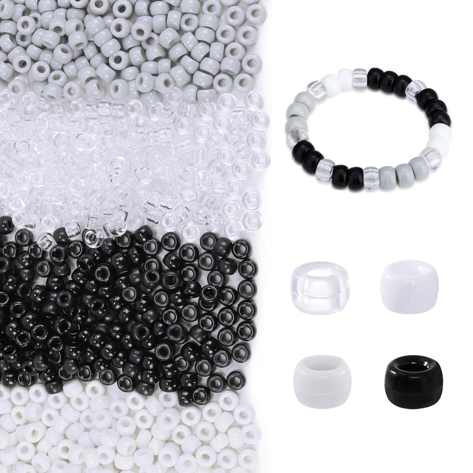 1000 Pcs Pony Beads Bulk 6 x 9mm Black Bead for Bracelet Making Hair Beads for Braids Making DIY Crafting Friendship Bracelets Necklace Mixing 4 Colors (Black, White, Gray, Transparent)