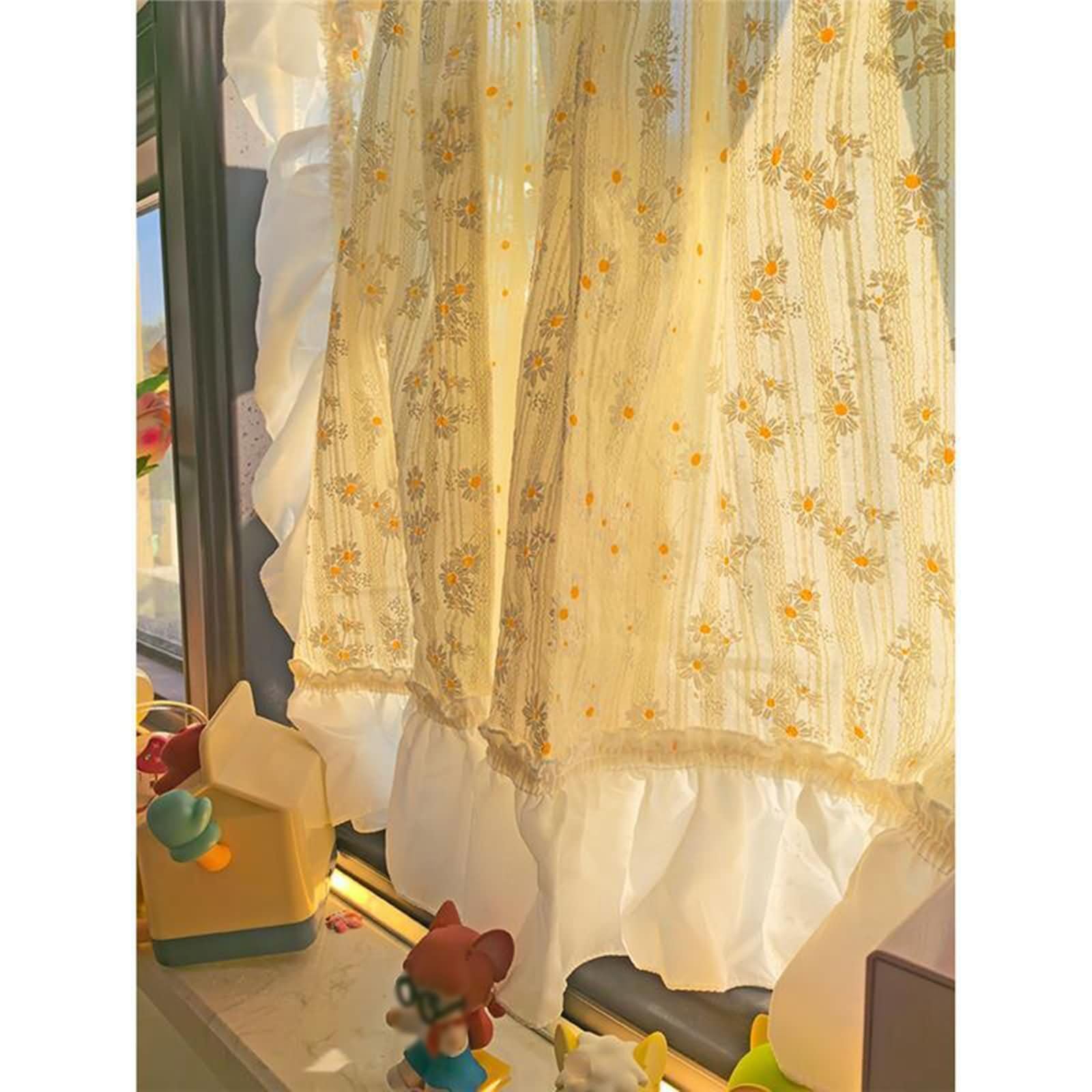 Gardinen 1 Stück Kurz Fenster,140 cm Breit,Rod Tasche | Blumenmuster mit Rüschen,Kuscheliger Flanell,Lichtdurchlässig,Gelb,140 x 60 CM