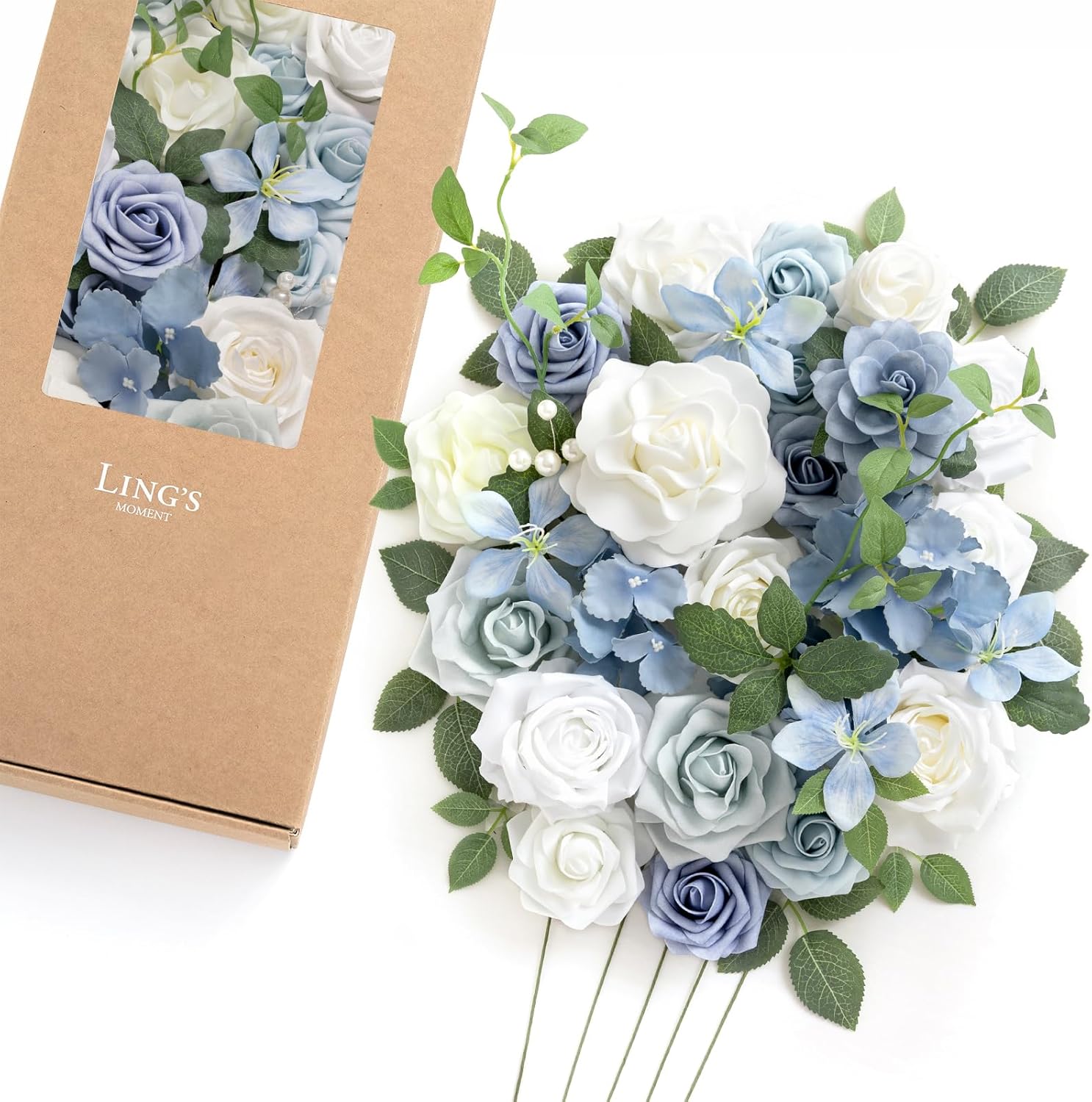 Ling's moment Fake Flowers Box, Faux Artificial Greenery Stems Foam Roses Silk Hydrangea Rose Leaf Fabic Flower for Centerpieces Bouquet Wedding Vase Decorations, Dusty Blue & White, Deluxe Combo Blu-dusty Blue & White Deluxe