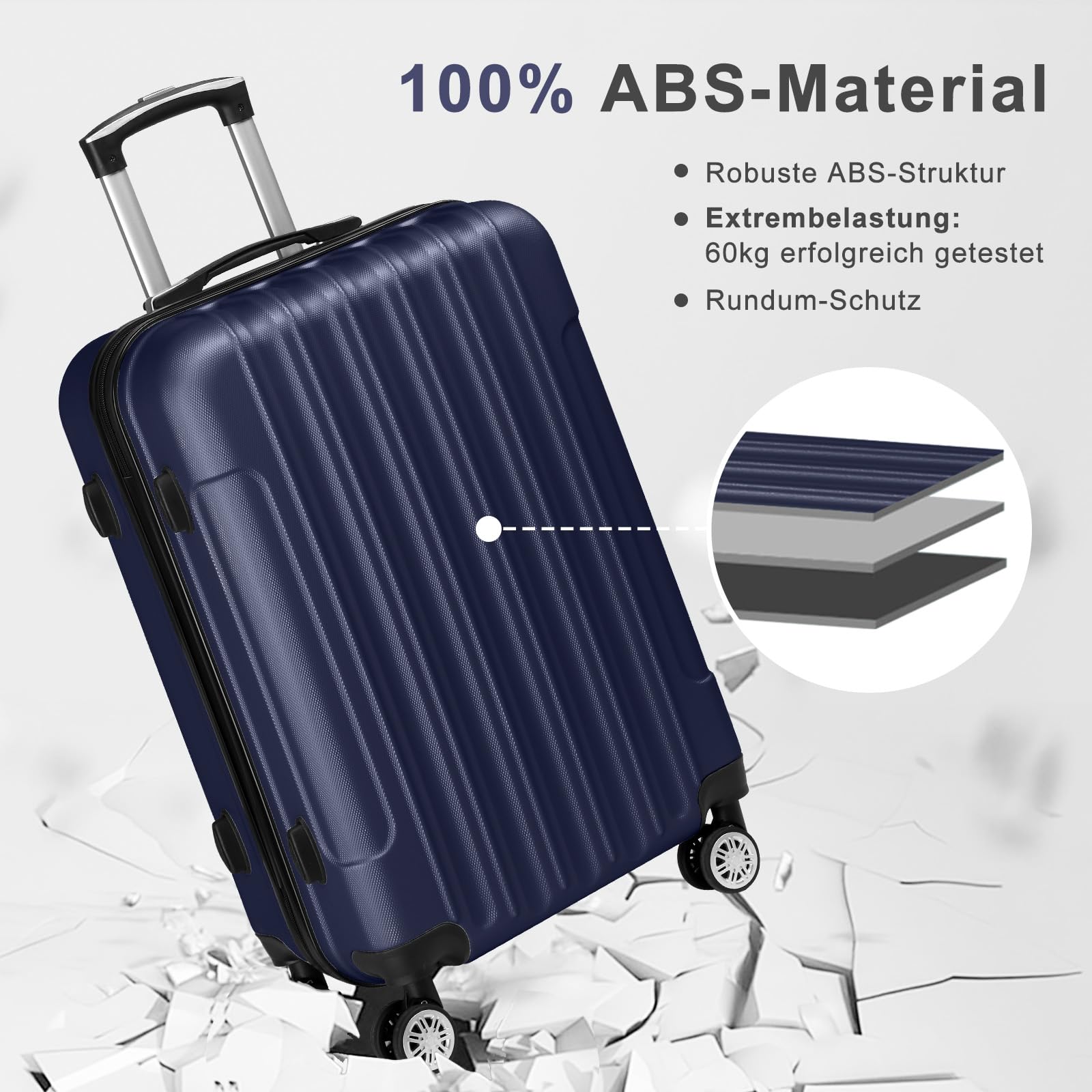 LALAHO Kofferset 5 teilig mit Kosmetikkoffer, Hartschalen Koffer Set aus ABS, Reisekoffer Set, Gepäckset mit Schminkkoffer & Handgepäck, Dunkelblau