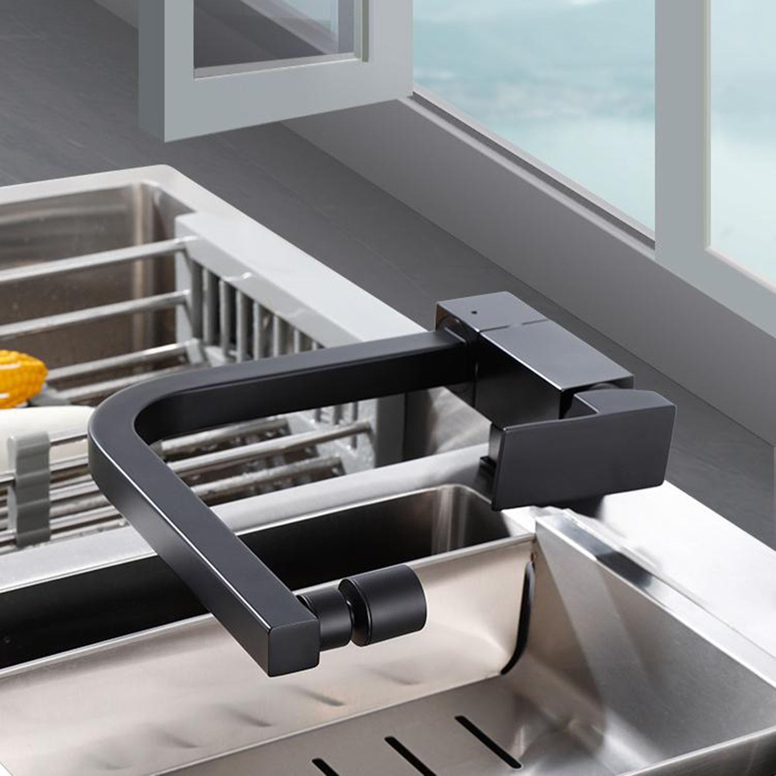 ZYCHSJXA 360° Swivel Black Kitchen Faucet, Brass Under Window Design, Stylish Folding Tap for Modern Kitchens, & Space-Saving Plumbing Fixture