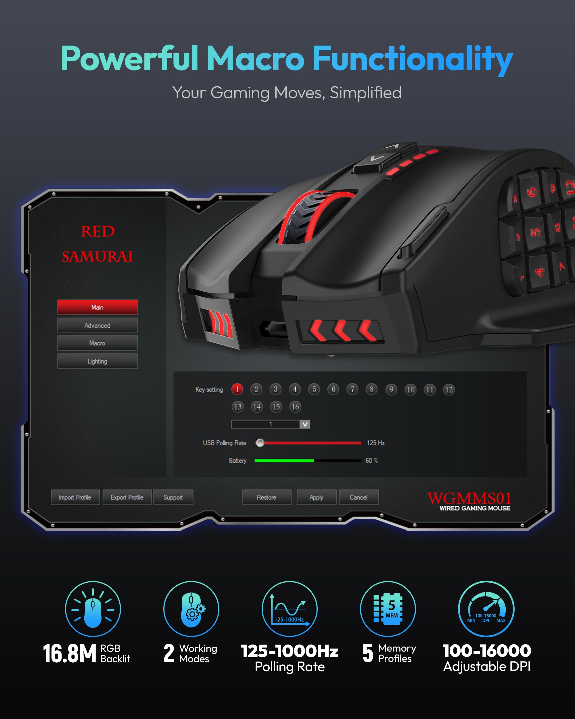 RED SAMURAI Souris de jeu MMO sans fil, 12 boutons latéraux, 16 boutons programmables, 16 000 DPI, souris rechargeable RVB, batterie de 70 heures, souris macro USB-C sans fil/filaire 2,4 G pour PC