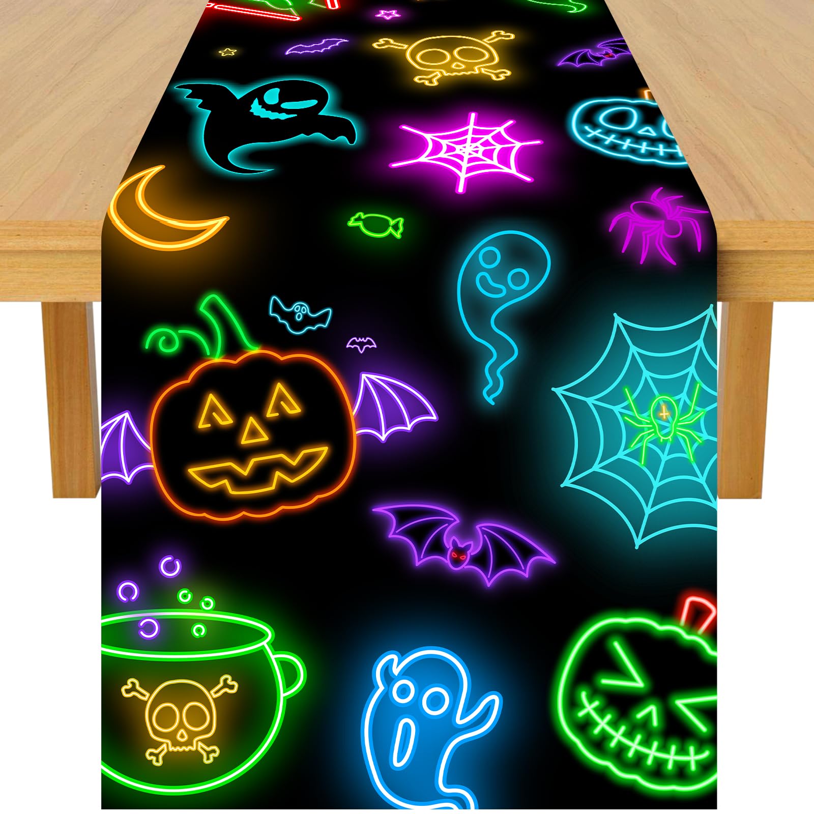 Chemin de table néon d'Halloween 33x182cm : nappe décorative de fête automnale