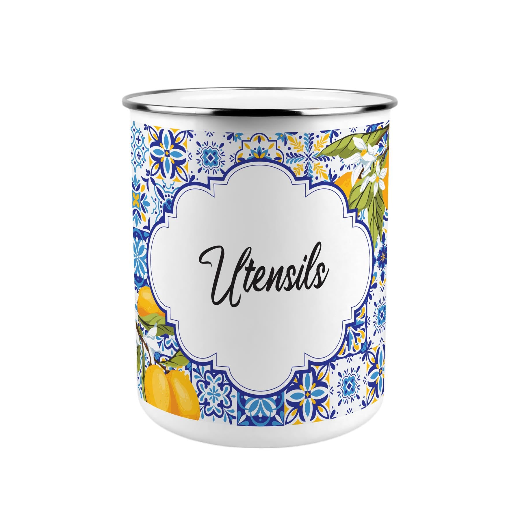 Purely Home Italian Summer Large Metal Utensil Holder - Kitchen Utensil Pot/Organiser for Countertop Decor Gift 18x16.5cm