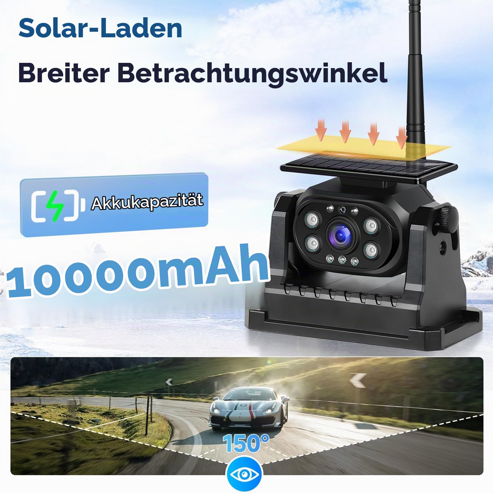 Hodozzy Kabellose Rückfahrkamera Solar Stabiles WiFi, 1080P Rückfahrkamera Auto mit Wasserdicht, Solaraufladung 10.000 mAh Magnetische Basis, Nachtsicht, Rückfahrhilfe Wiederaufladbare Kamera