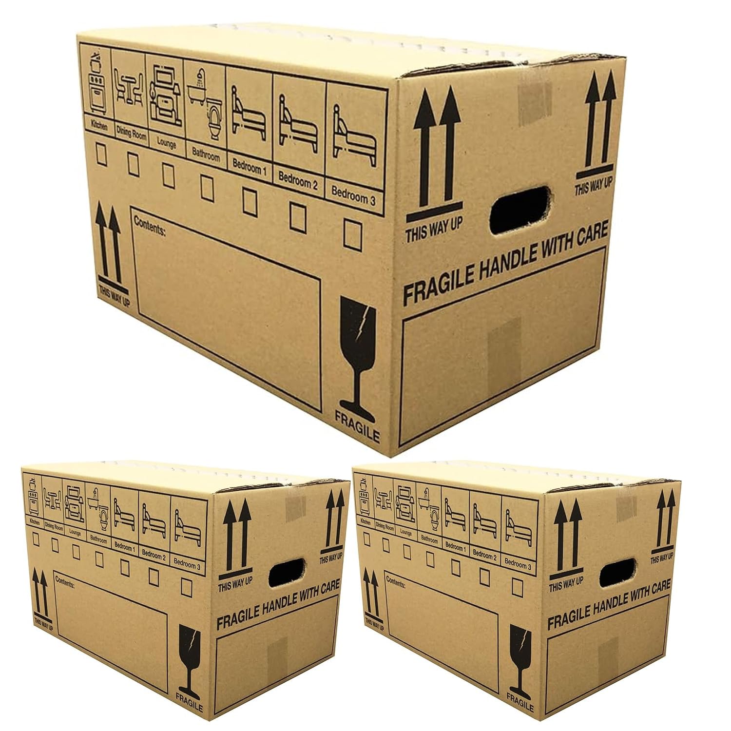 Printed Room List House Moving Strong Large 52cm x 30cm x 30cm 47 Litres Cardboard Boxes With Carry Handles (40)