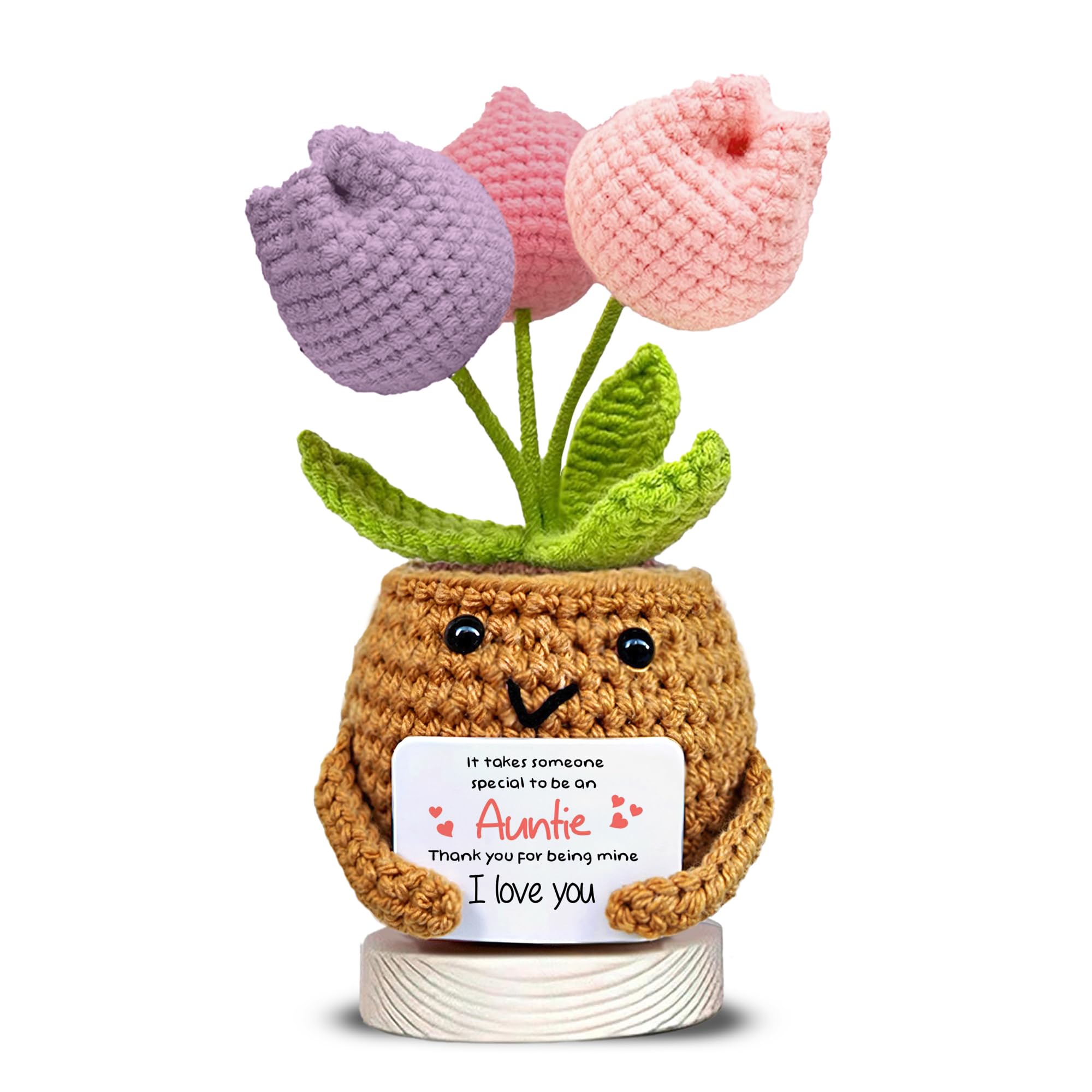 Handmade Crochet Flower Pot Plush with “Auntie” Message – Cute Crochet Tulip Gift, Aunt Appreciation Gift, Thank You Aunt Present, Handmade Desk Decor