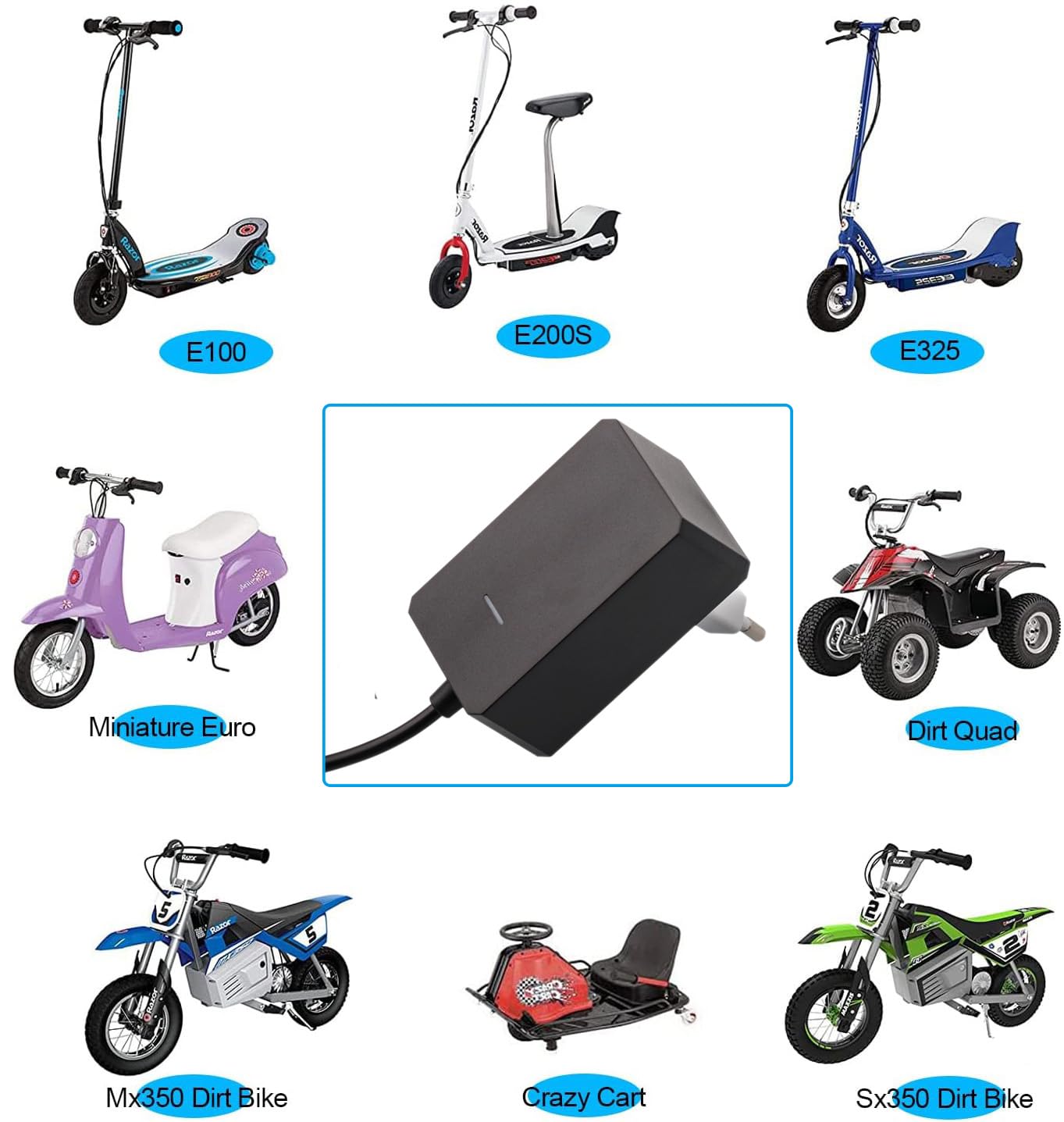 Caricabatterie al piombo 24 V 1A per scooter elettrici Razor E300, E200, E100, PR200, MX350, Dirt Quad, Pocket Mod, Sport Mod, Go Kart, Crazy Cart, eSpark