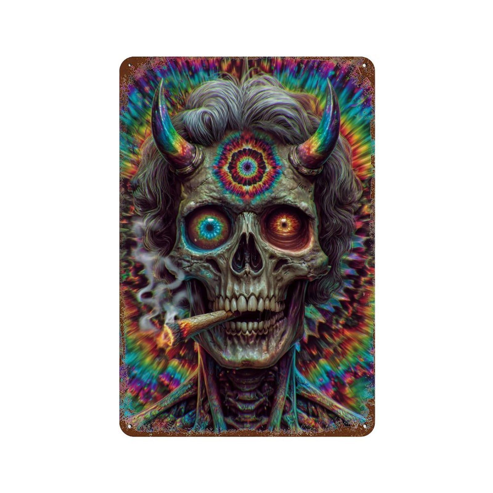 Vintage Metal Tin Sign with Psychedelic Devil Skull Art Print-2 Design 11.8"x7.9", for Living Room, Hallway And Home Decor, Retro Wall Decor
