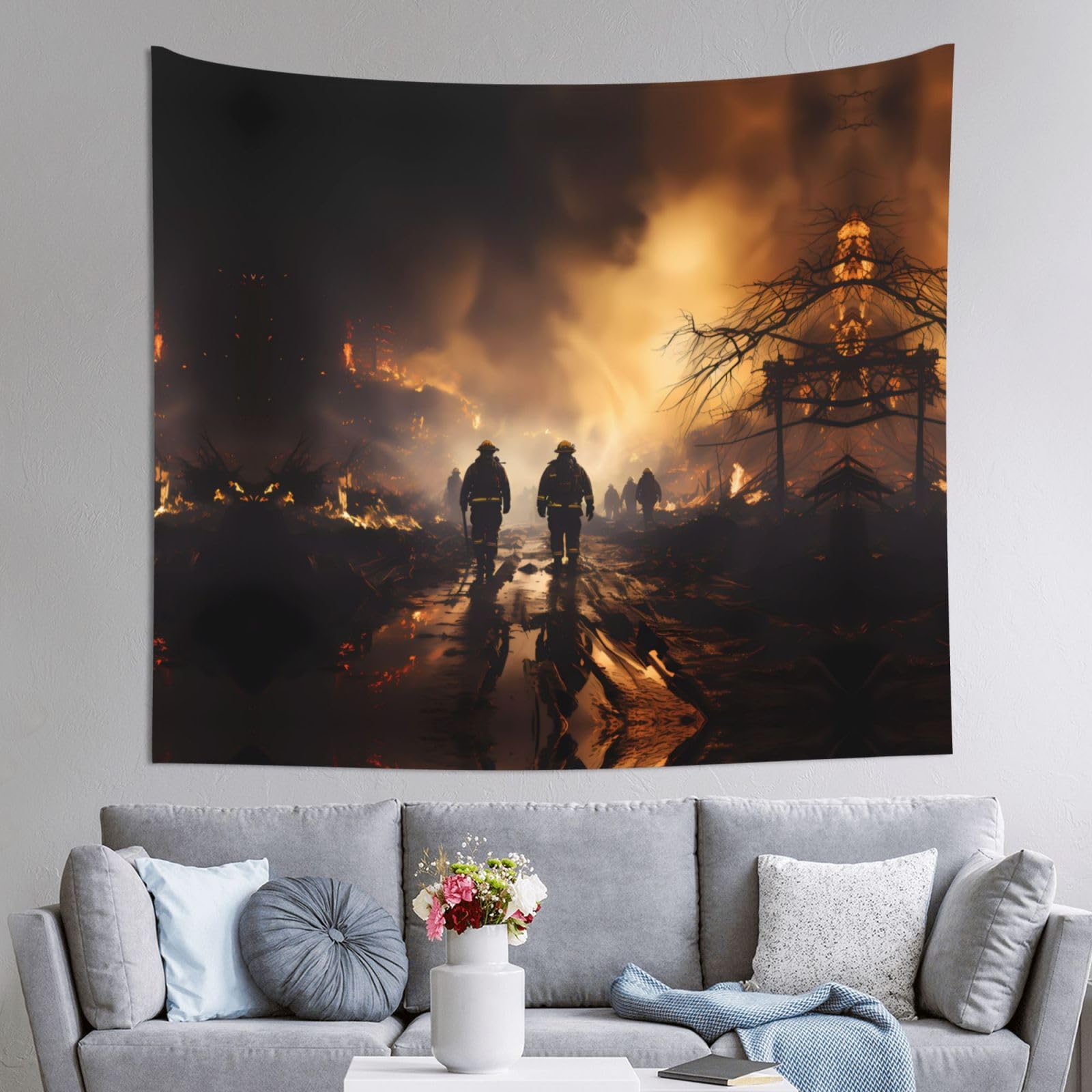 HLSBSSL 60x51in Firefighters fighting fires Printed Tapestry Tablecloth for Dormitory and Picnic Rooms - Multifunctional Fabric Hanging
