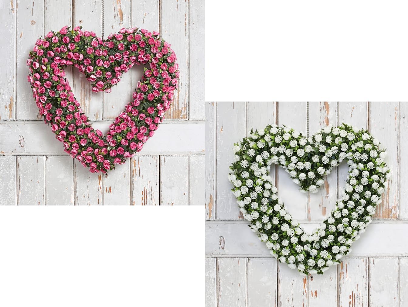 Artificial Hanging Rose Heart Topiary Wreath, 42cm in Diameter, 30cm Length Chain (white or pink to choose from) (WHITE)